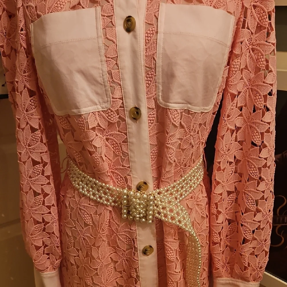kate spade Pink Lace Long-Sleeve Shirt Dress with White Collar & Pockets - Picture 3 of 7